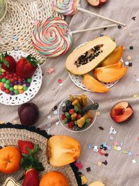 High angle view of fruits on table