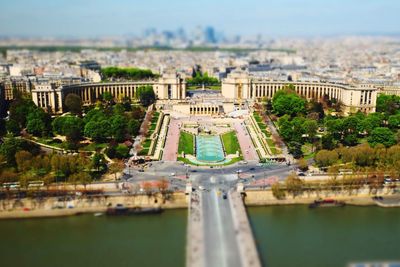 High angle view of seine river and quartier du trocadero in city