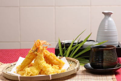 Close-up of food served on table