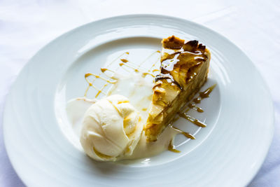 High angle view of cake in plate on table