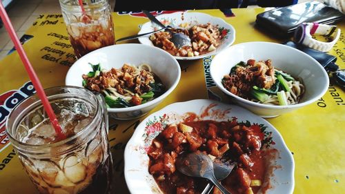 High angle view of food served on table