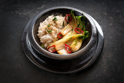 High angle view of food in plate on table