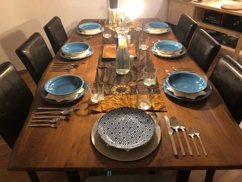 High angle view of glasses on table