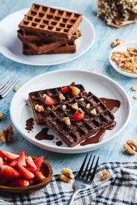 High angle view of breakfast in plate on table