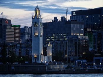 Buildings in city at night