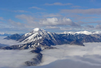 Scenic view of snowcapped mountains against sky