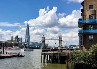 Tower bridge over thames river by the shard against sky