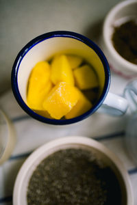 High angle view of soup in bowl on table