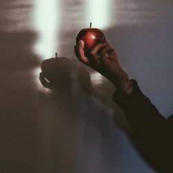 Midsection of person holding apple against wall