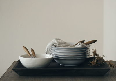 Stacked bowls on table