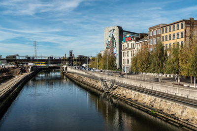 Charleroi, belgium, november 11, 2022. the quays along the sambre,  facade of the nouvelle gazette