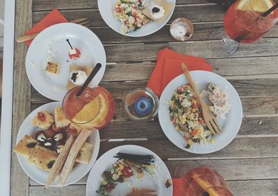 High angle view of food served on table