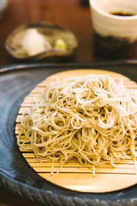 High angle view of noodles in bowl on table