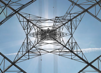 View from under the high voltage pole on sky background.