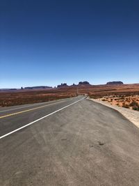 Road leading towards desert against clear blue sky