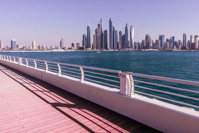 Bridge by sea and urban skyline