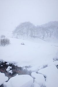 Snow covered landscape against clear sky