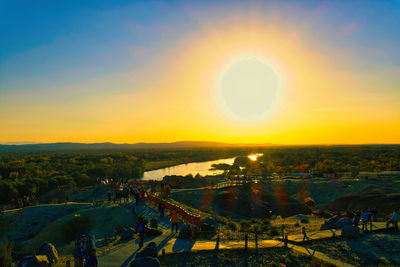 High angle view of cityscape against sky during sunset