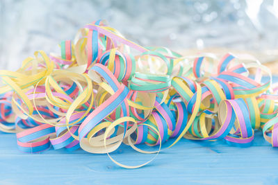 Close-up of multi colored candies on table