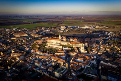 High angle shot of townscape against sky