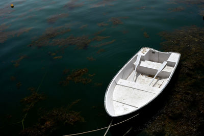 High angle view of abandoned boat moored in sea