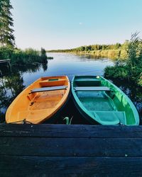 Boat moored on lake against sky