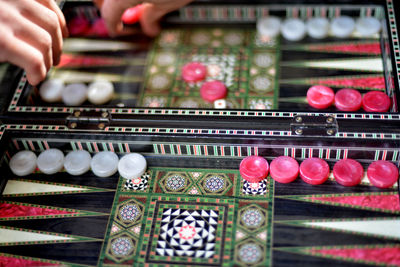 Backgammon on the wooden box, dice and chips for the game