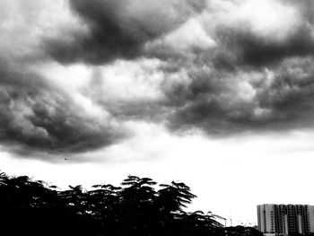 Low angle view of silhouette trees and buildings against sky