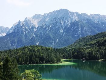 Scenic view of lake and mountains against sky