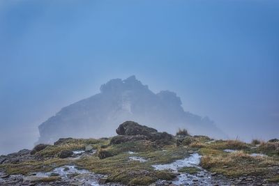 Rock formations against clear blue sky