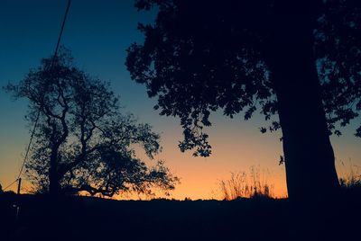 Silhouette trees on field against sky at sunset