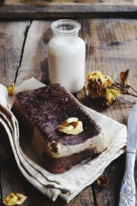 Close-up of cake served on table