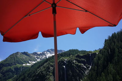 Low angle view of plants and mountains against sky