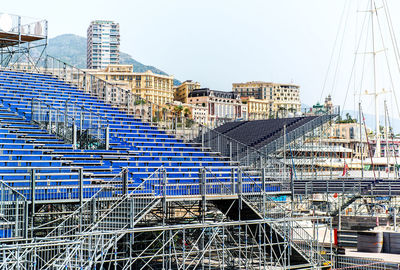 Construction site in city against clear sky