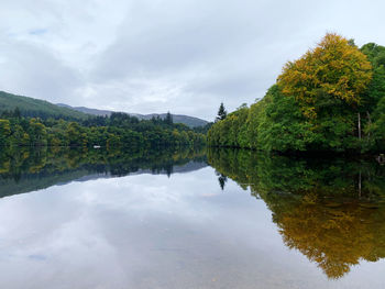 Reflection of trees in lake against sky