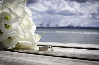 Close-up of flower on table against sky