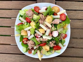 High angle view of salad in bowl on table