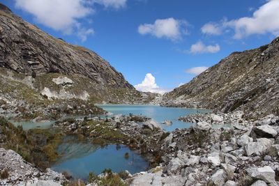 Scenic view of lake and mountains against sky