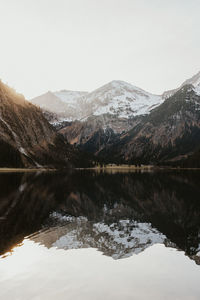 Scenic view of mountains and lake against sky during winter