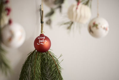 Christmas bauble hanging on branch