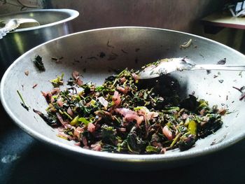 High angle view of chopped vegetables in bowl