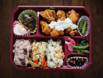 High angle view of food on table