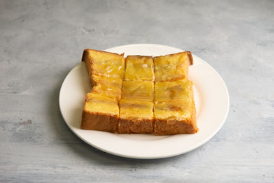 Close-up of breakfast served on table