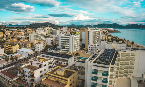 High angle view of buildings in city