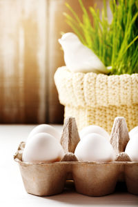 Close-up of eggs and potted plant on table