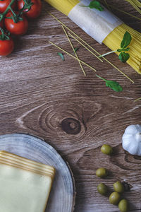 High angle view of fruits on cutting board