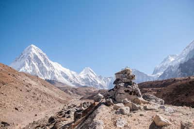 Scenic view of snowcapped mountains against clear blue sky