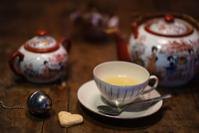 Close-up of tea cup on table