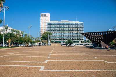 Exterior of buildings against clear blue sky