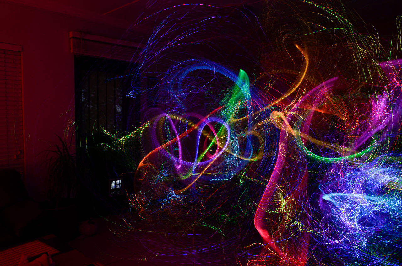 illuminated, light, multi colored, night, long exposure, light painting, light trail, motion, darkness, glowing, no people, creativity, blurred motion, light - natural phenomenon, art, fractal art, christmas lights, abstract, pattern, indoors, purple